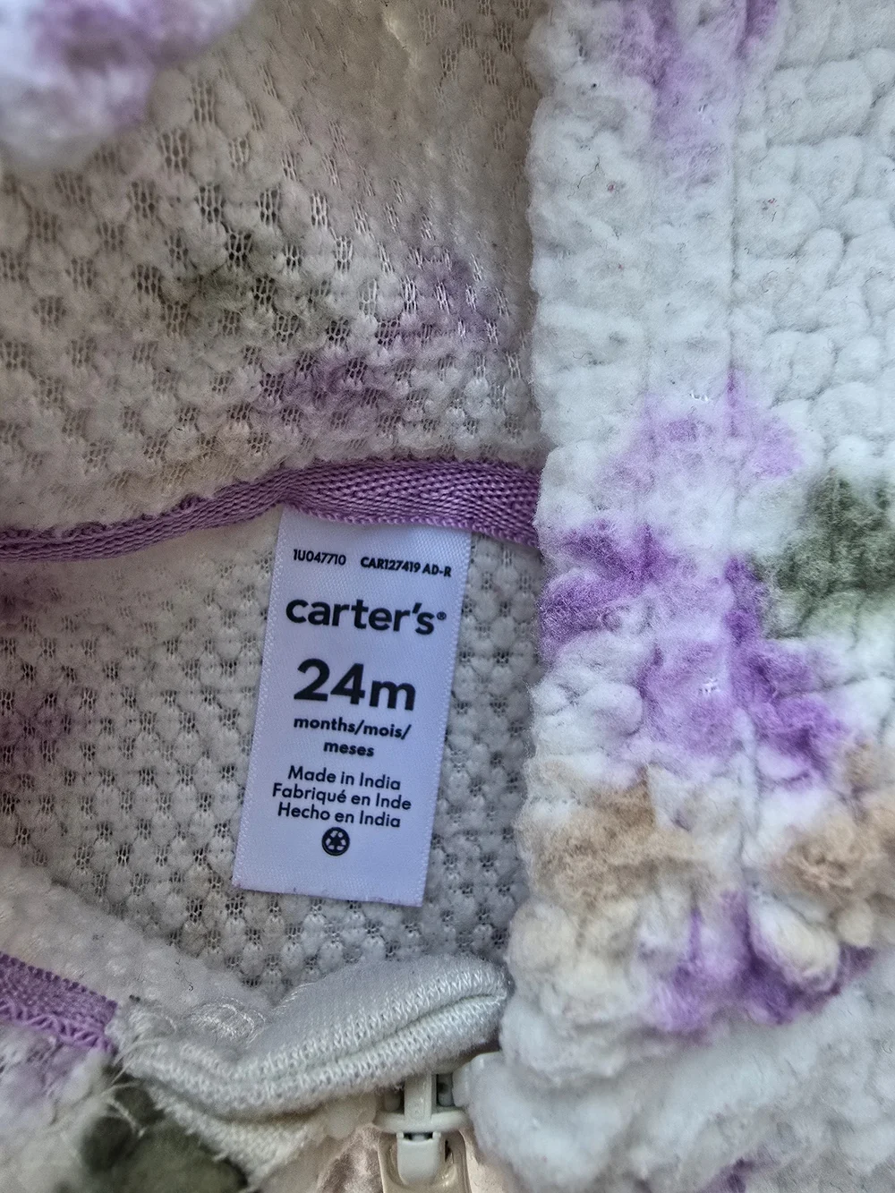 Carter's Girl's White Hooded Fleece One-Piece with Purple Floral Print Size 24M
